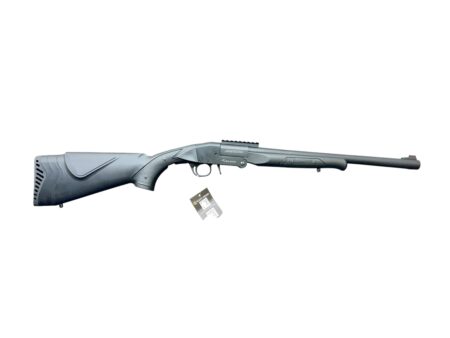 Horizontal view of a long-barreled bolt-action rifle with a black synthetic stock and scope rail, placed against a white background.