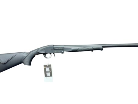 Side view of a black pump-action shotgun with a long barrel and ergonomic stock.