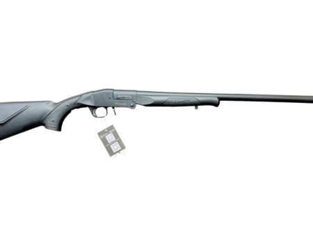 Pump-action shotgun with black synthetic stock and long barrel, tag hanging from trigger guard