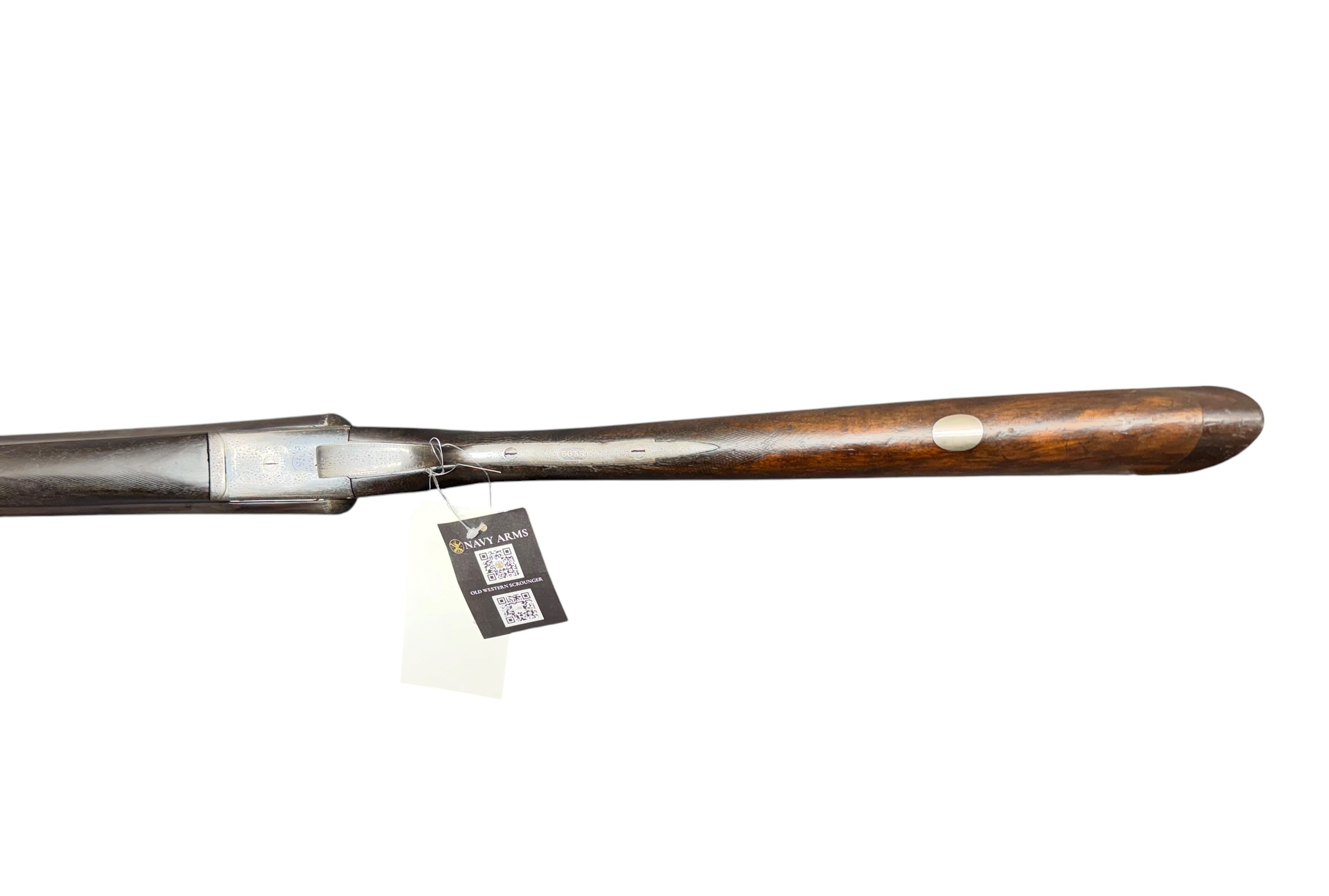 IMG_5321-Photoroom - OWS-Ammo Long gun with wooden stock and metal barrel photographed from the side, tag hanging near the trigger area.