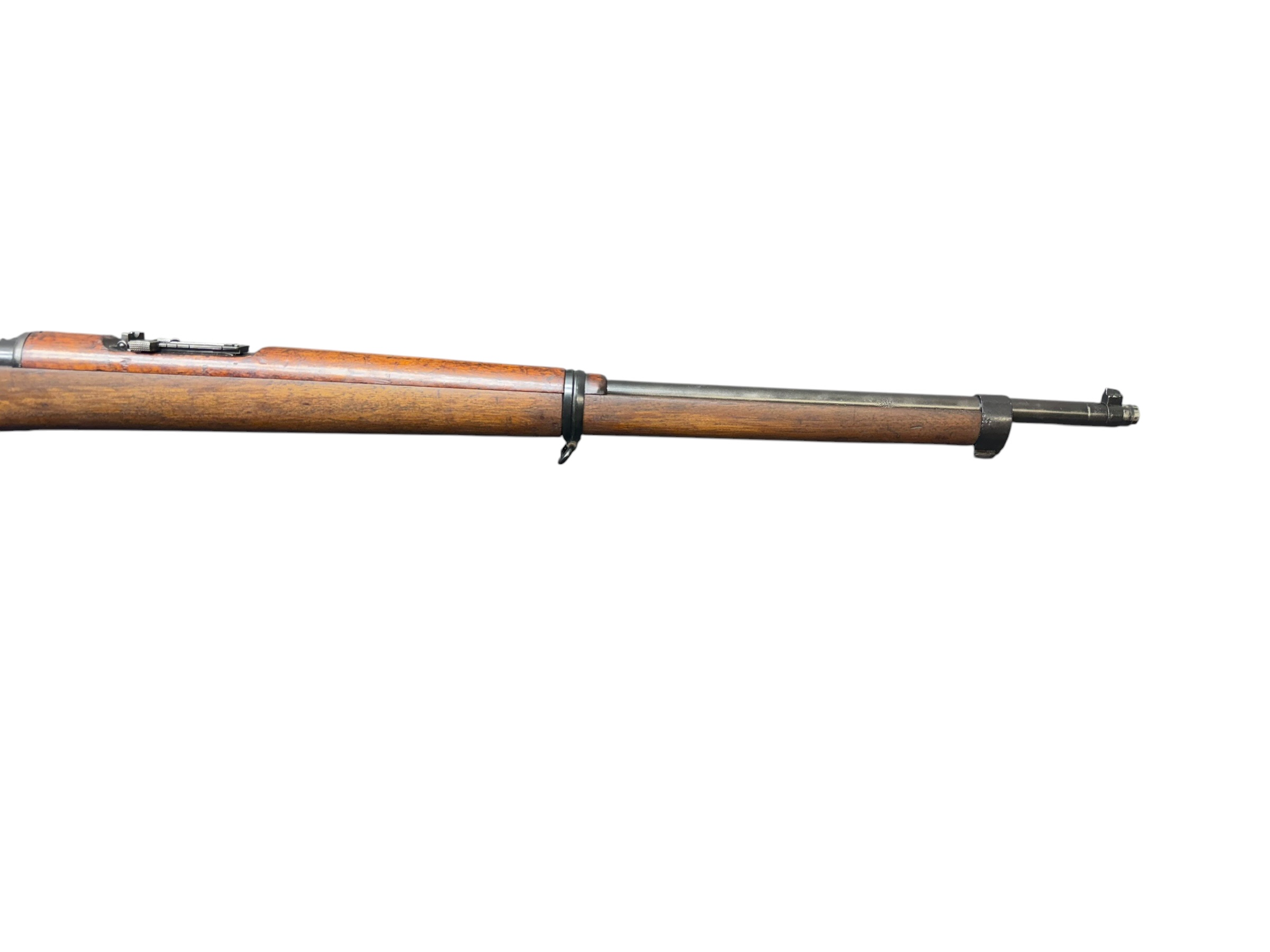 IMG_5325-Photoroom - OWS-Ammo Bolt-action rifle with wooden stock and metal barrel laid horizontally on a white background. (informative)
