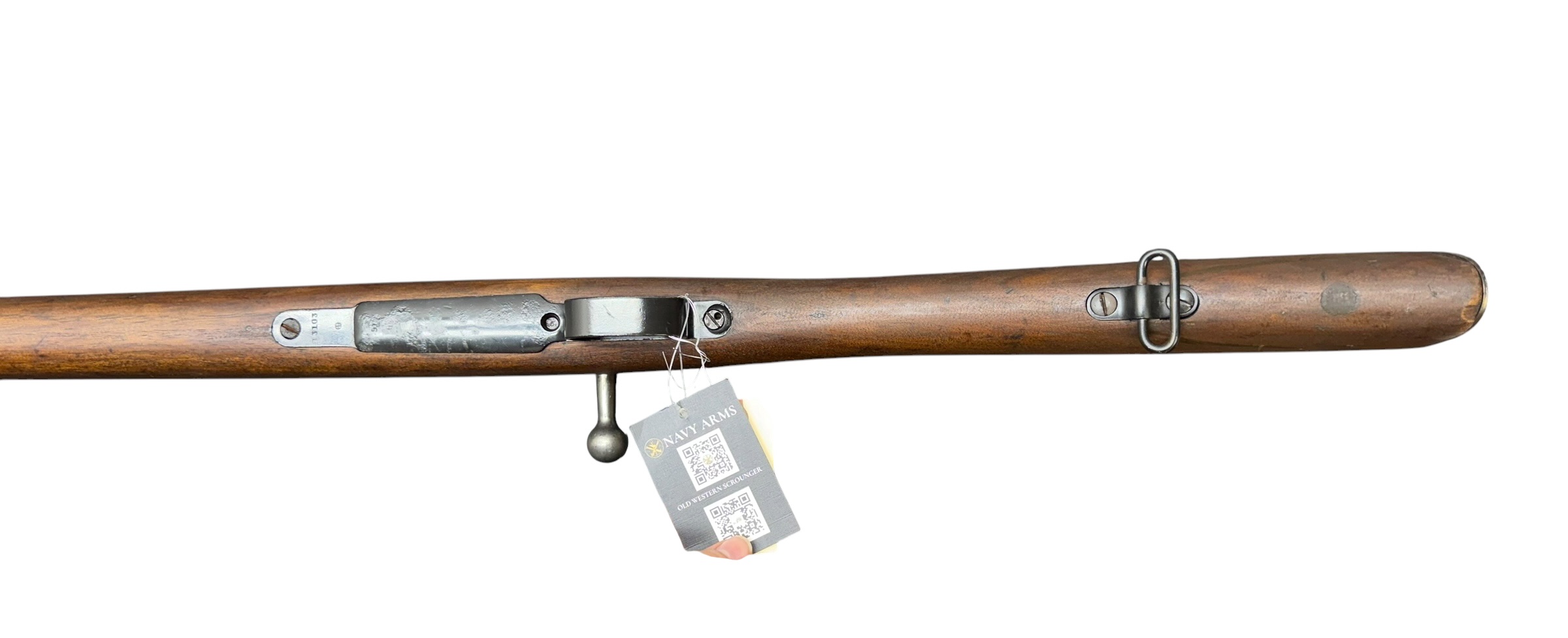 IMG_5336-Photoroom - OWS-Ammo Side view of a wooden bolt-action rifle with metal fittings and a hanging tag attached to the trigger guard
