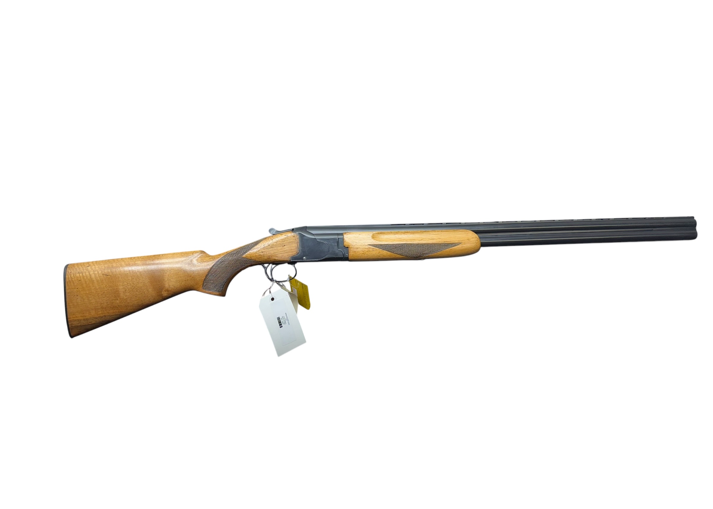 IMG_5365-Photoroom - OWS-Ammo Side-by-side double-barreled shotgun with a wooden stock and metal receiver shown from the left side.