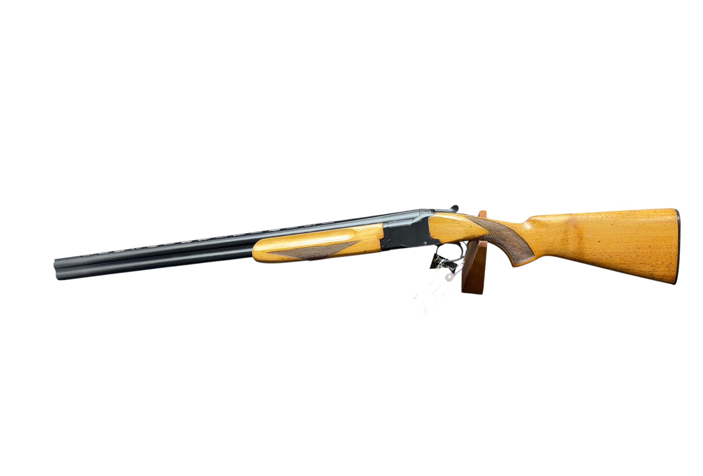 IMG_5371-Photoroom - OWS-Ammo Double-barrel shotgun with a wooden stock shown in a side profile, laid out horizontally.