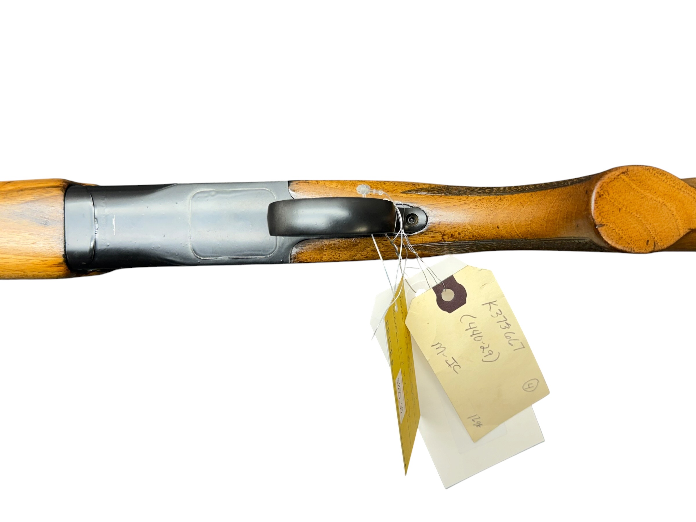 IMG_5377-Photoroom - OWS-Ammo Side view of a wooden rifle stock with a metal receiver and price tags attached