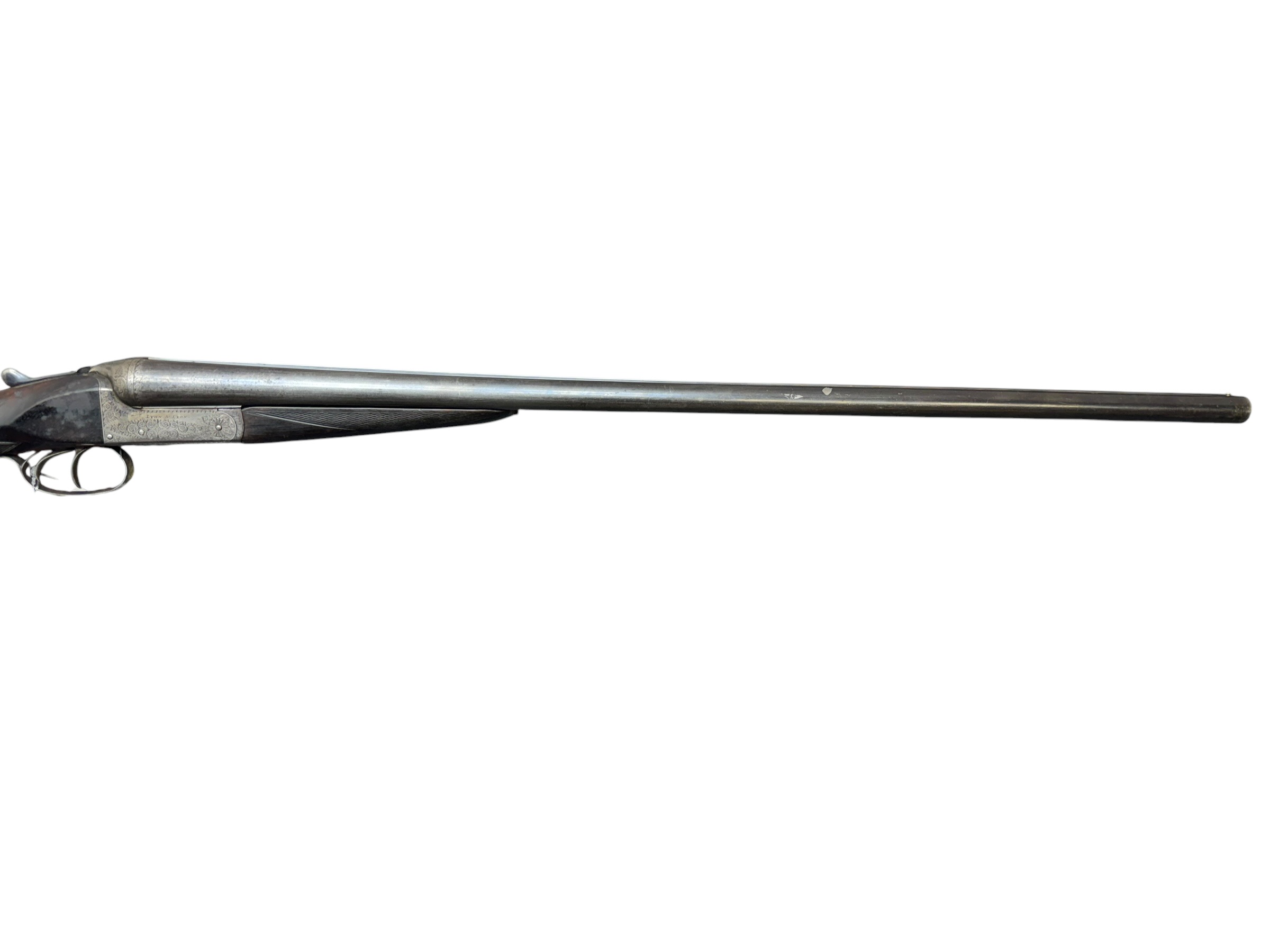 IMG_5382-Photoroom - OWS-Ammo Side view of a long-barrel antique rifle with a decorative silver receiver on a white background