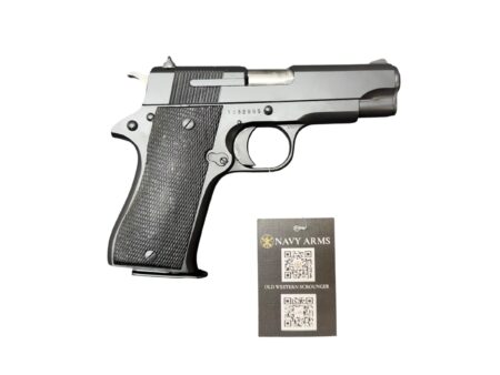 Side view of a semi-automatic pistol with a textured grip and exposed barrel, displayed with a Navy Arms card nearby.