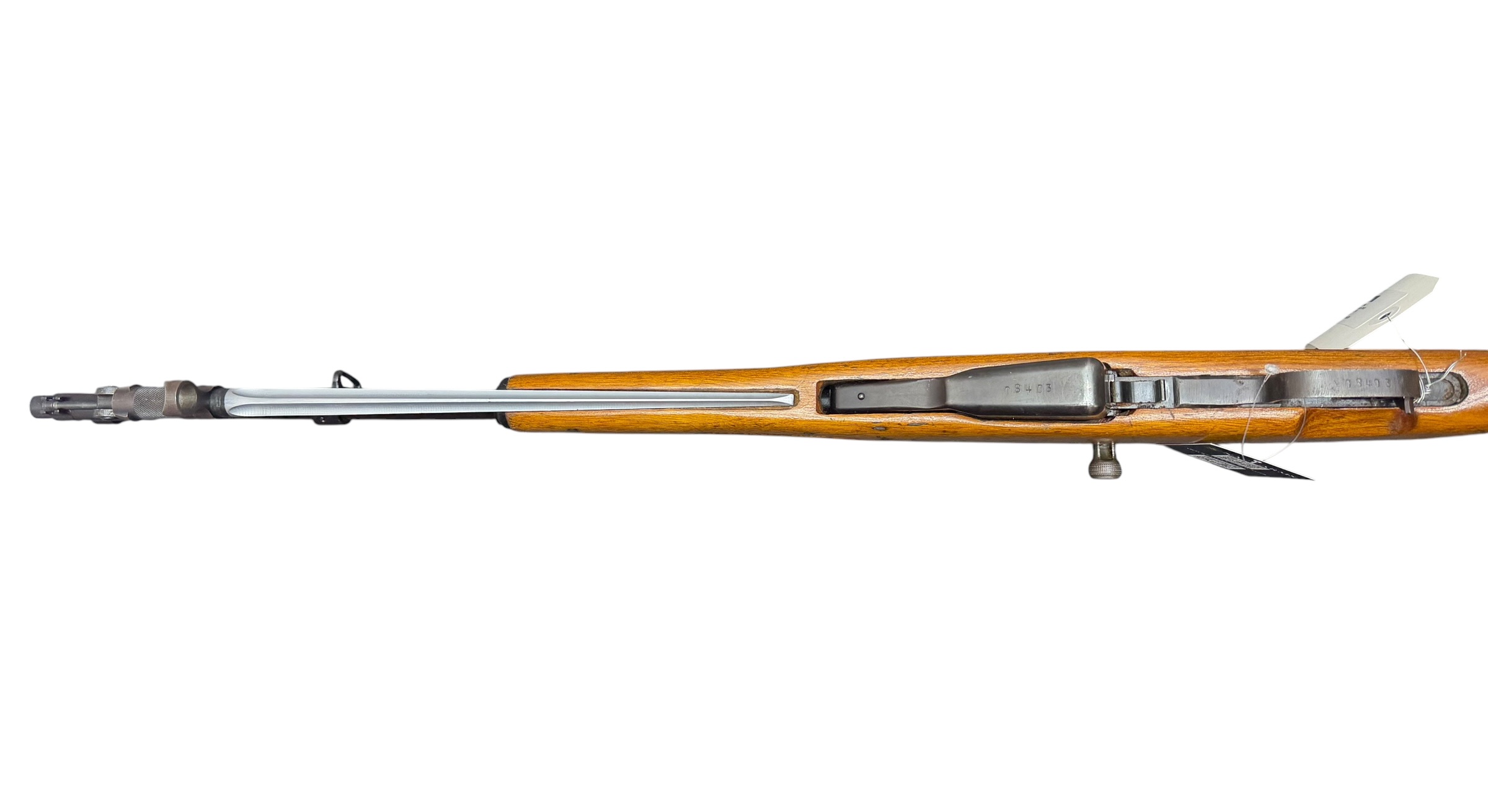 Long bolt-action rifle with a wooden stock and metal barrel shown from the left side on a white background.